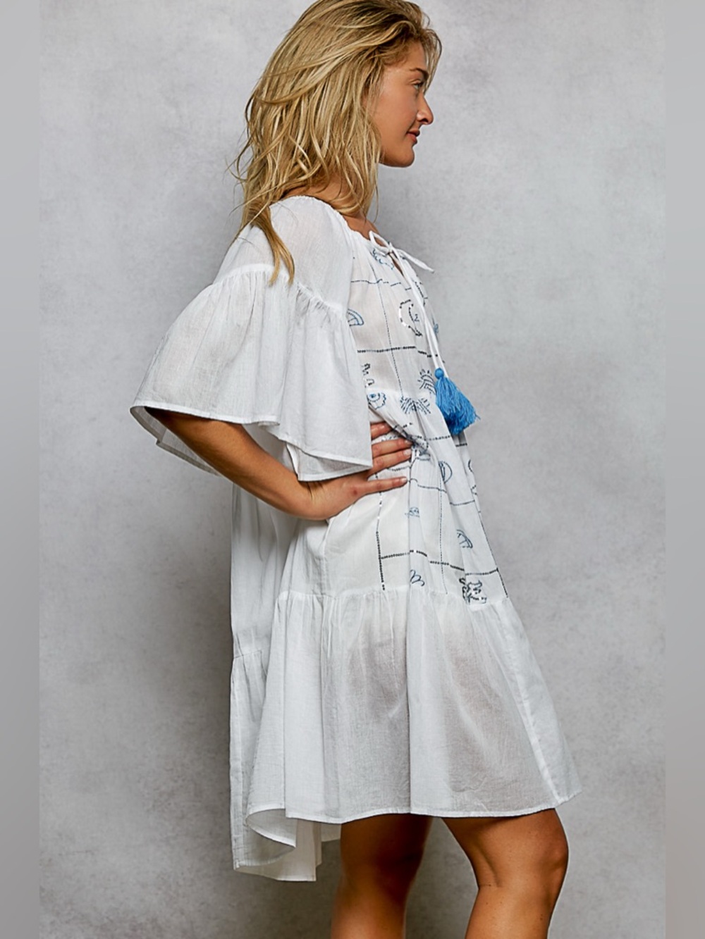 POL Tied Tassel Embroidery Half Flared Sleeve Mini Dress - Picture 3 of 6